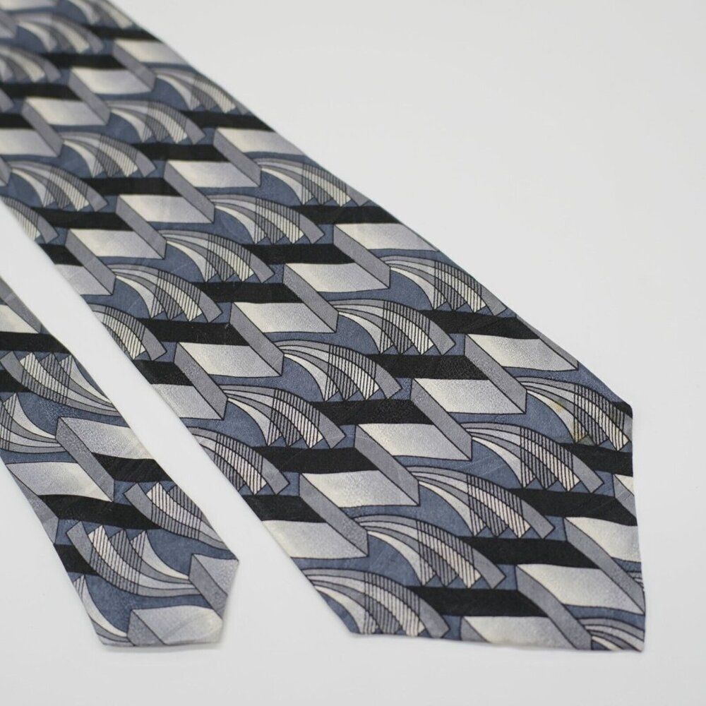 Albert Nipon Abstract Geometric Silver Blue Jacquard Print Short Wide Silk Tie